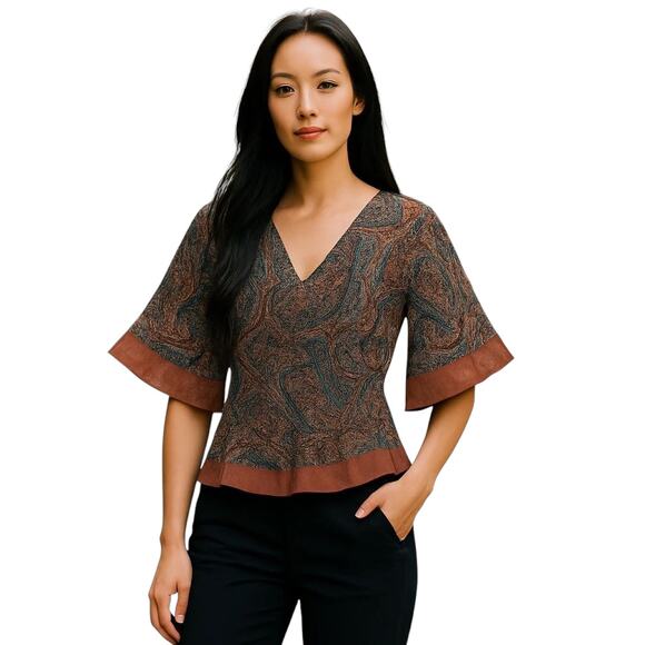 Ice Silk Paisley Boho Blouse Flare Sleeve V-Neck Rust Trim Peplum Top Size Large - Picture 1 of 12